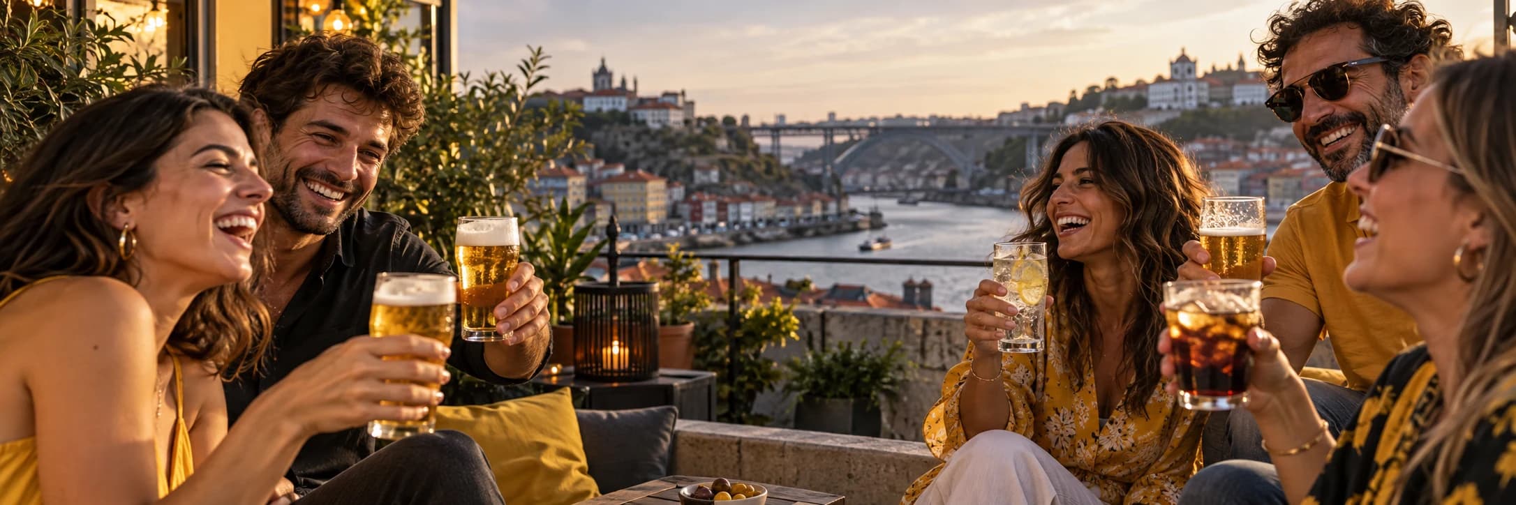 Amigos adultos a conviver numa esplanada com vista sobre o Porto